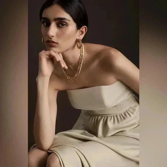 BHLDN Elsie Straight-Neck Satin A-Line Gown Khaki Nude Color Size 8 NWT - Picture 3 of 14